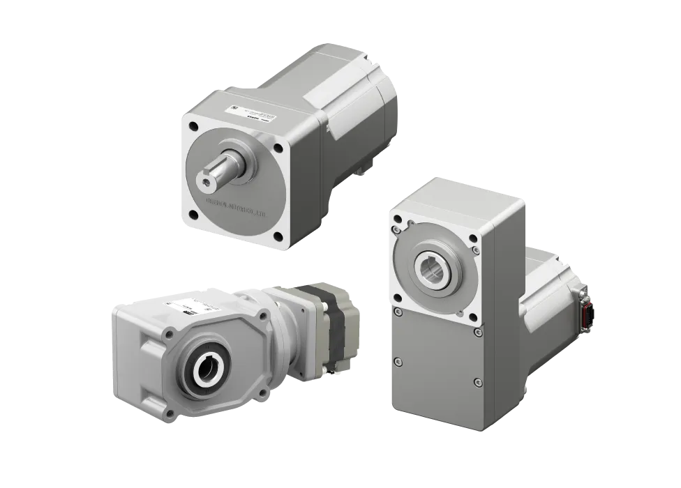 Product images of brushless motors and gearheads. Three types are shown: Output shaft type, right-angle shaft type, and hollow shaft type