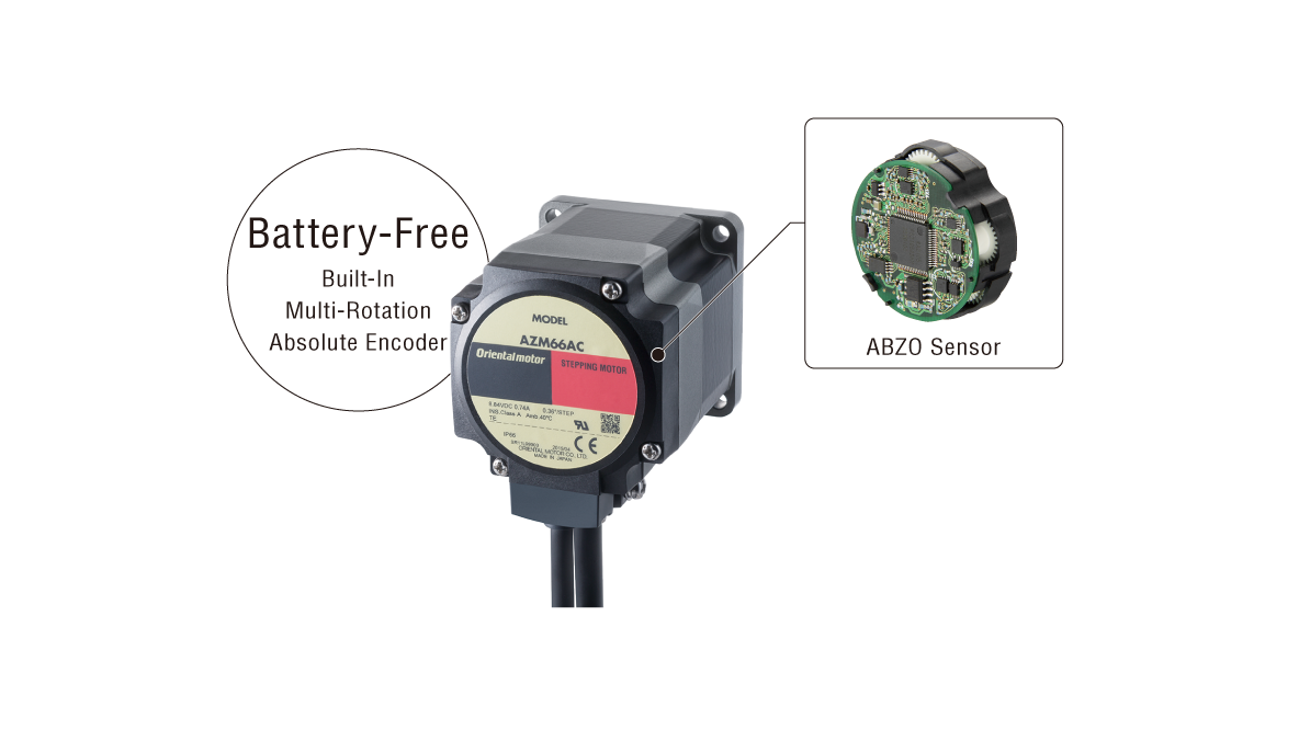 แผนภาพโครงสร้างของสเต็ปปิ้งมอเตอร์ AZM66AC และ ABZO เซ็นเซอร์ซึ่งเป็นตัวแอปโซลูท เอ็ดโค๊ดเดอร์หลายรอบที่ไม่ต้องใช้แบตเตอรี่ ติดตั้งอยู่บนมอเตอร์